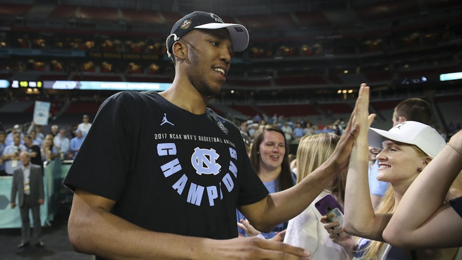 North Carolina forward Tony Bradley greets fans after the men's basketball team's victory in the&nbsp;national championship.