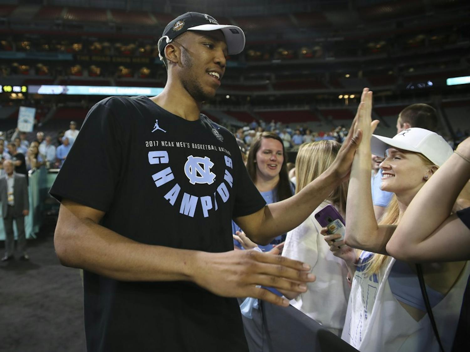 North Carolina forward Tony Bradley greets fans after the men's basketball team's victory in the&nbsp;national championship.