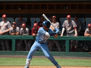 Junior infielder Colby Wilkerson (3) prepares to hit the ball during the baseball game against Boston College on Sunday, April 23, 2023, at Boshamer Stadium. UNC fell to Boston College 2-6.