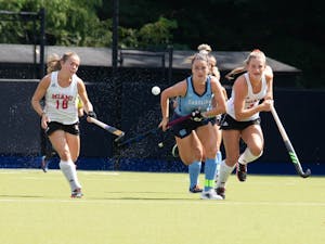 UNC senior forward Erin Matson (1) gains possession of the ball during the field hockey game against the Miami RedHawks at Karen Shelton Stadium on September 19, 2021. The Tar Heels defeated the RedHawks 7-2.