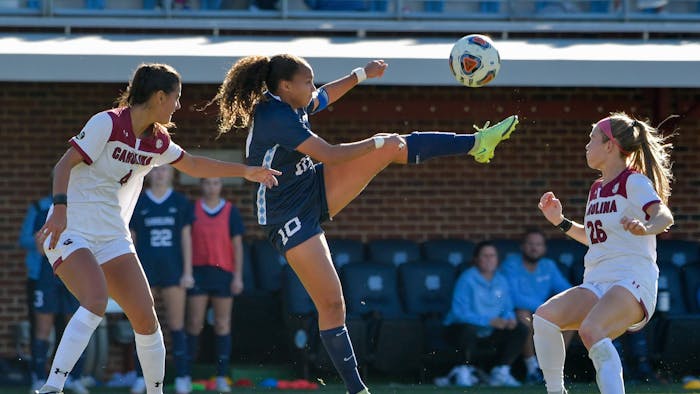 Senior midfielder Rachel Jones (10) kicks the ball at the first round of the NCAA tournament against South Carolina on Nov. 13 at Dorrance Field. UNC lost 1-0.
