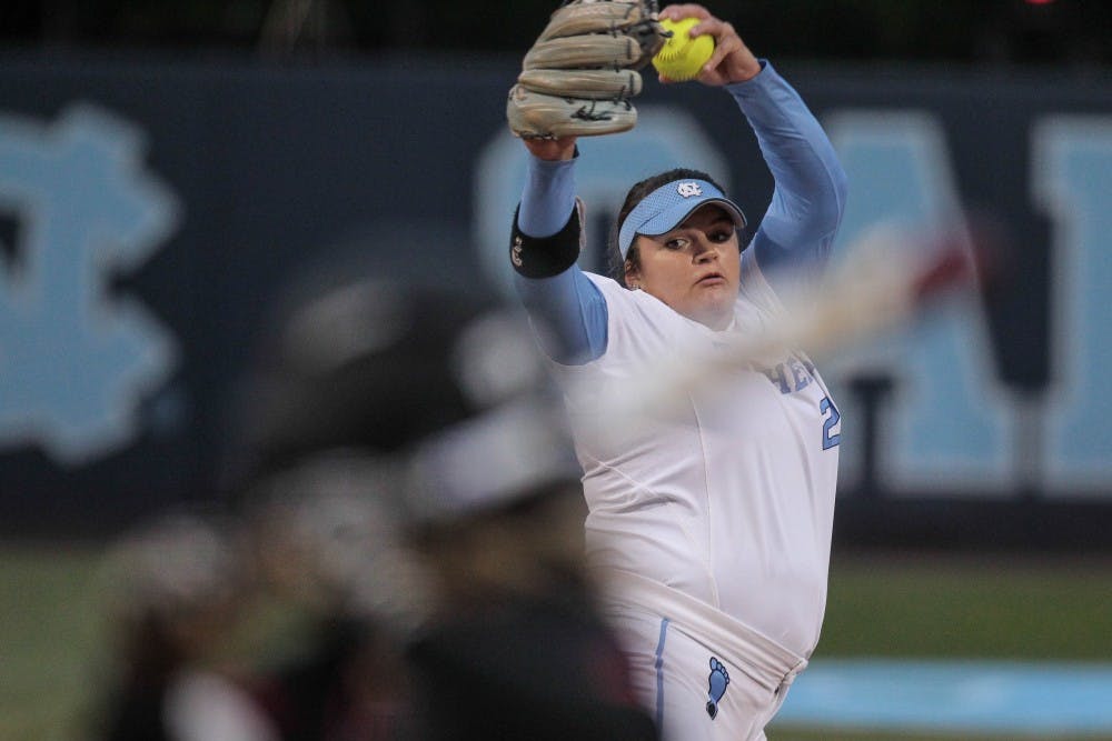 Brittany Pickett (28) throws a pitch during Game 3 against NC State on Monday, April 16.