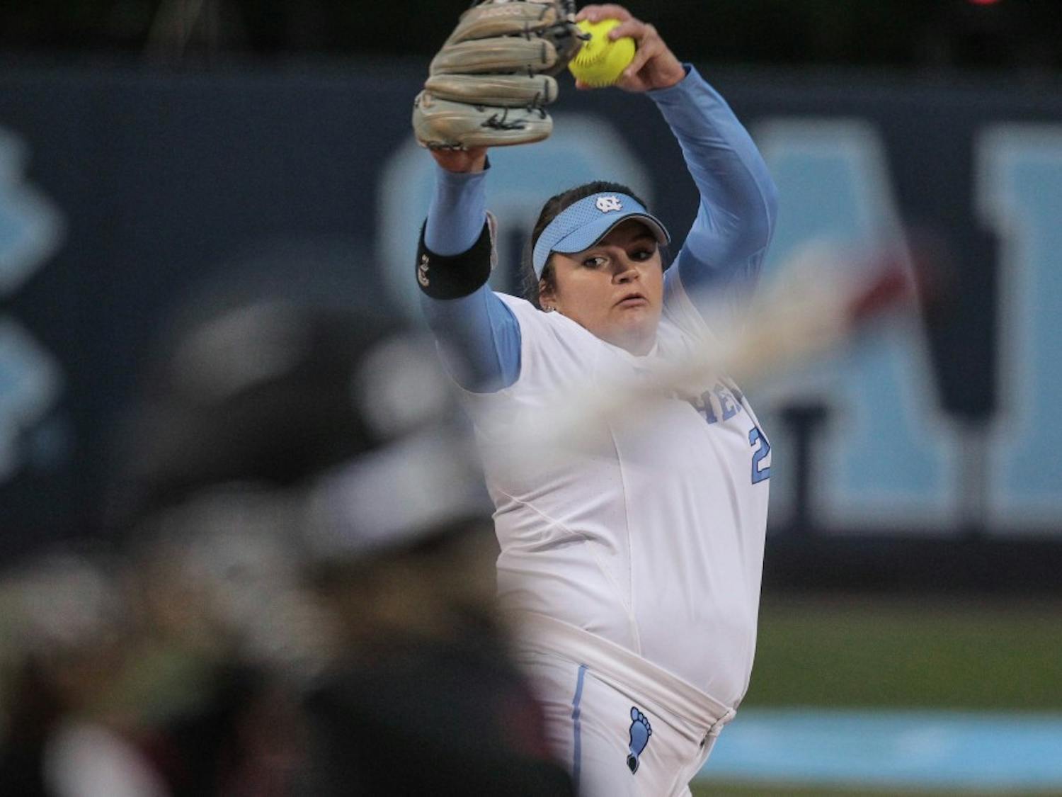 Brittany Pickett (28) throws a pitch during Game 3 against NC State on Monday, April 16.