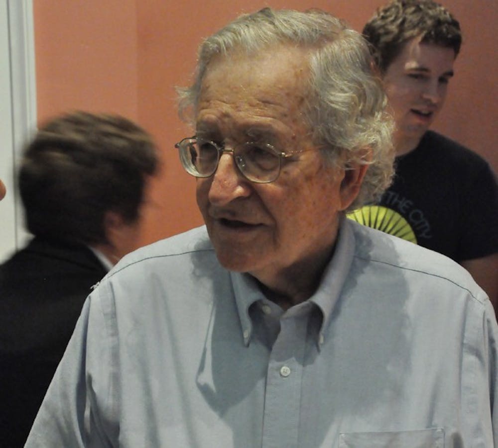 Noam Chomsky answers questions after his presentation Thursday afternoon at Gerrard Hall.  He spoke about environmental ethics.