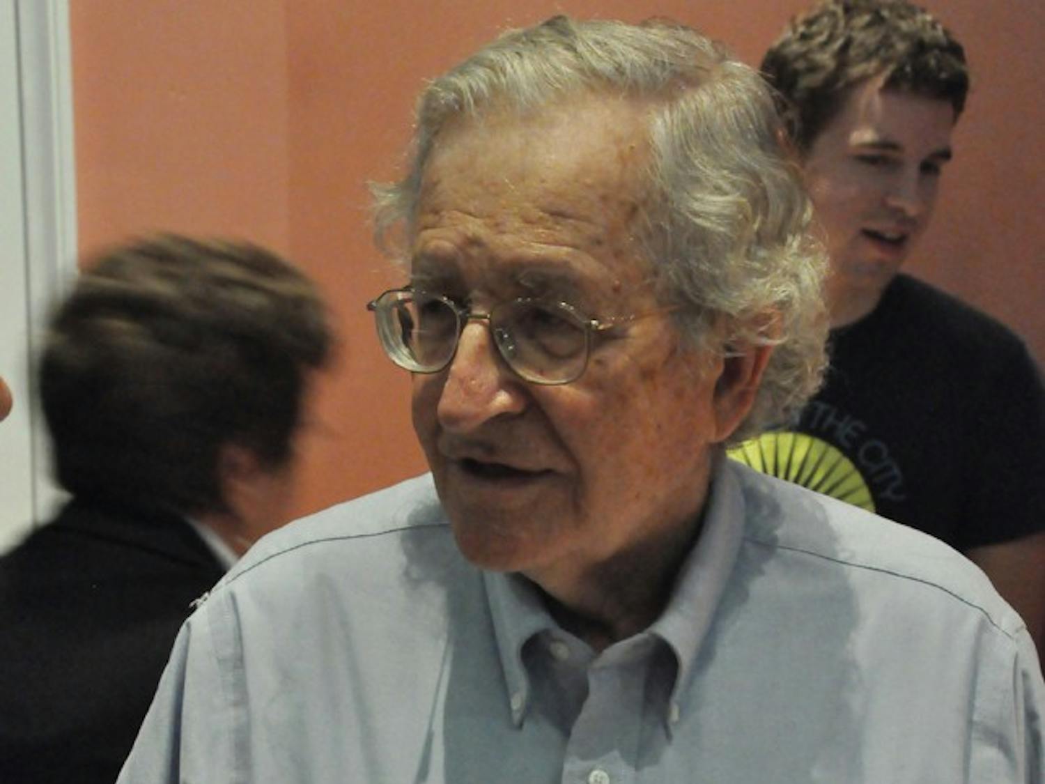 Noam Chomsky answers questions after his presentation Thursday afternoon at Gerrard Hall.  He spoke about environmental ethics.