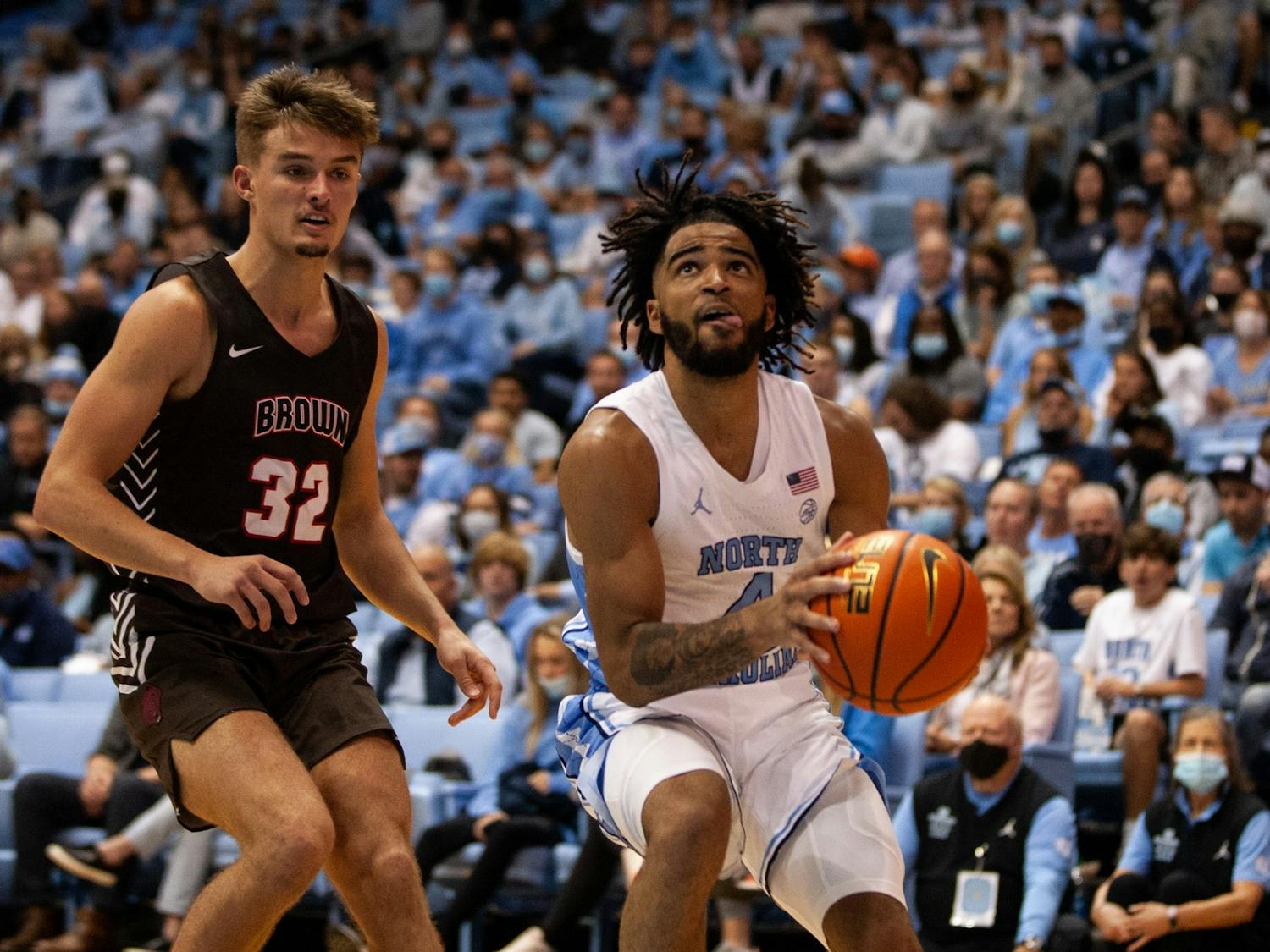 Sophomore guard RJ Davis (4) prepares to go up for a layup in a game against Brown at the Smith Center on Nov. 12. The Tar Heels defeated Brown 94-87, earning their second win of the season.