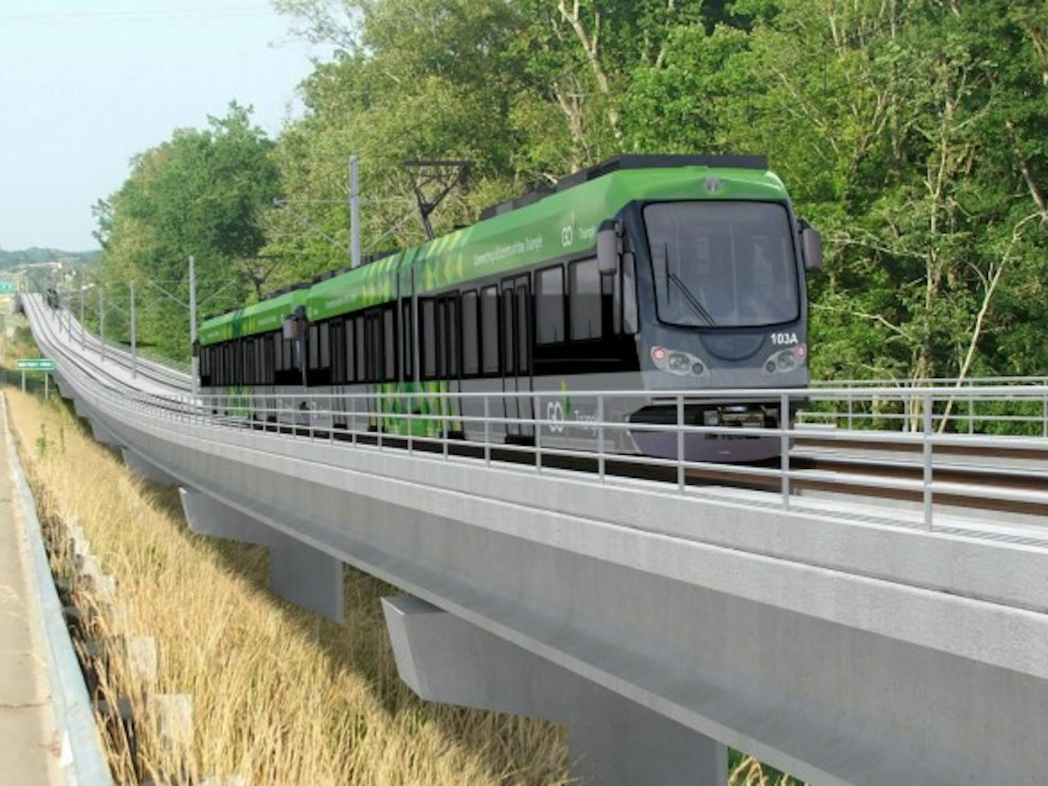 GoTriangle has designed mock-ups for a light rail between Durham and Chapel Hill paralleling 15-501. Graphic courtesy of GoTriangle.