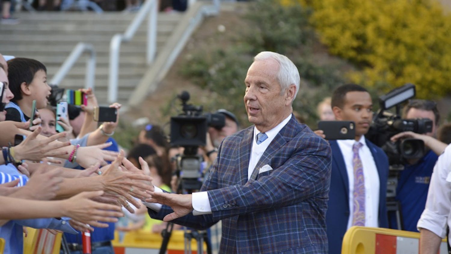 Coach Roy Williams greets fans at the UNC Men's Basketball send-off for the Final Four in Phoenix. The event was held at the Dean Smith Center on Tuesday afternoon, March 28, 2017.