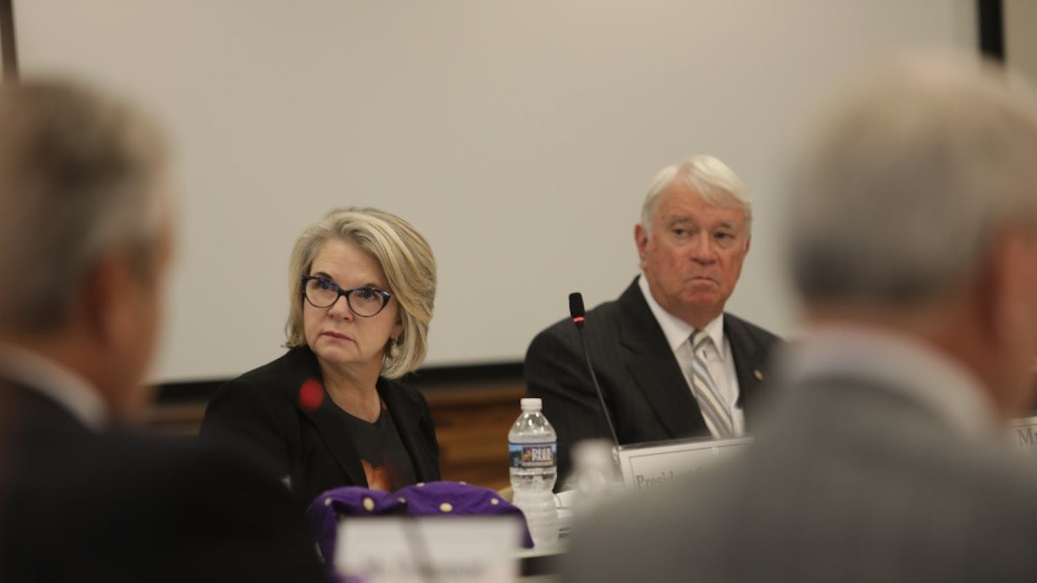UNC-system President Margaret Spellings (left) sits next to chairperson Lou Bissette (right) during a September 2017 UNC Board of Governors meeting.