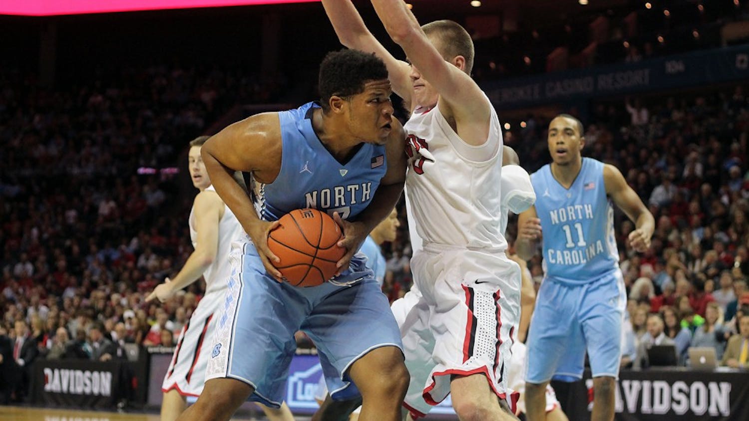 Sophomore Kennedy Meeks (3) led the team in rebounds, with 12 total for Saturday afternoon's game against Davidson.