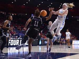 Senior guard Carlie Littlefield (2) receives a pass during a women's basketball game against Stephen F. Austin in Tucson, Arizona, on Saturday, March 19, 2022.