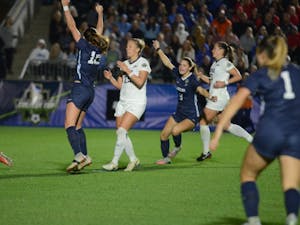 UNC women's soccer senior defender Julia Ashley (16) celebrates after scoring a game-winning goal in the 108th minute of the College Cup semifinals against Georgetown. The game was played on Nov. 30, 2018 at Sahlen's Stadium at WakeMed Soccer Park in Cary.