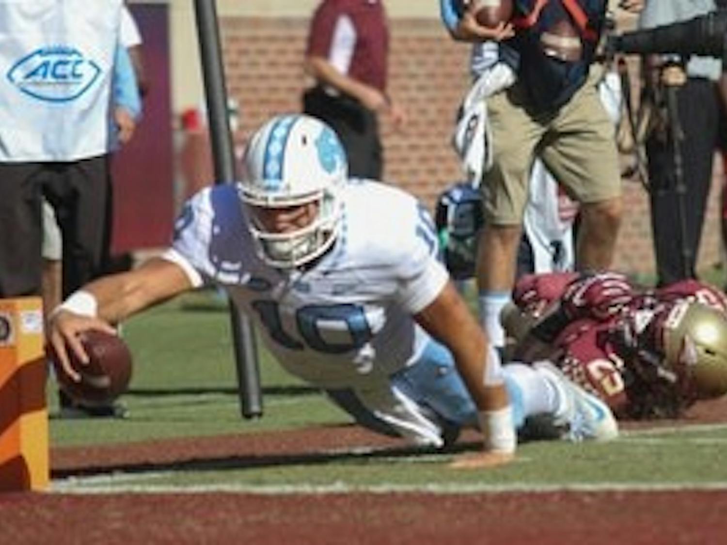 Former UNC quarterback Mitch Trubisky dives for the end zone against Florida State in 2016.
