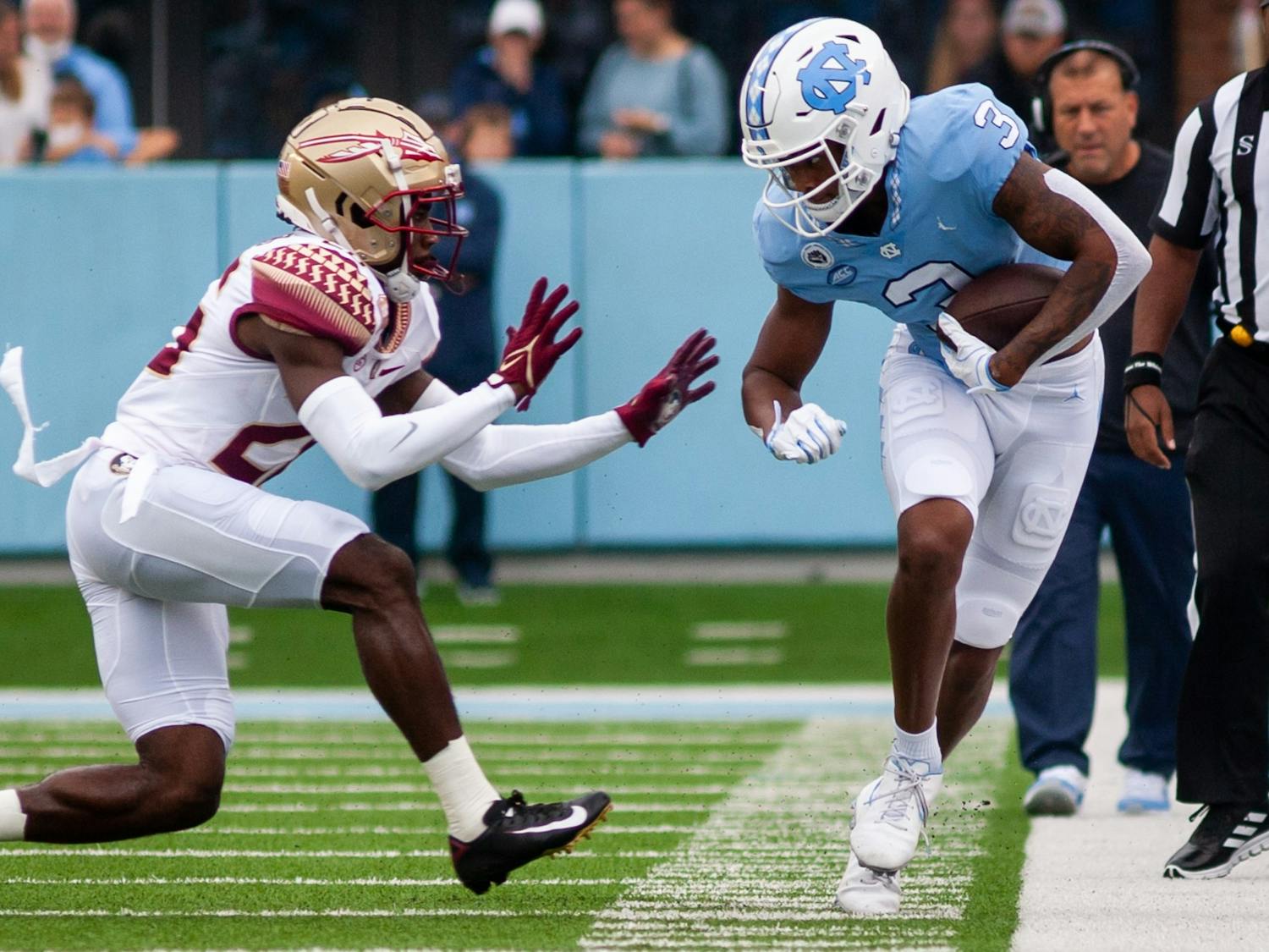 UNC football fell to Florida State 35-25 on Saturday afternoon in a home matchup at Kenan Stadium. The Tar Heels were up 10-0 until a Seminole interception that gave FSU the energy it needed to push toward a win.