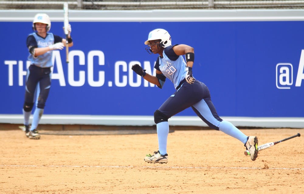 Senior Aquilla Mateen runs to first base in the ACC Softball Tournament held in Raleigh on Thursday 