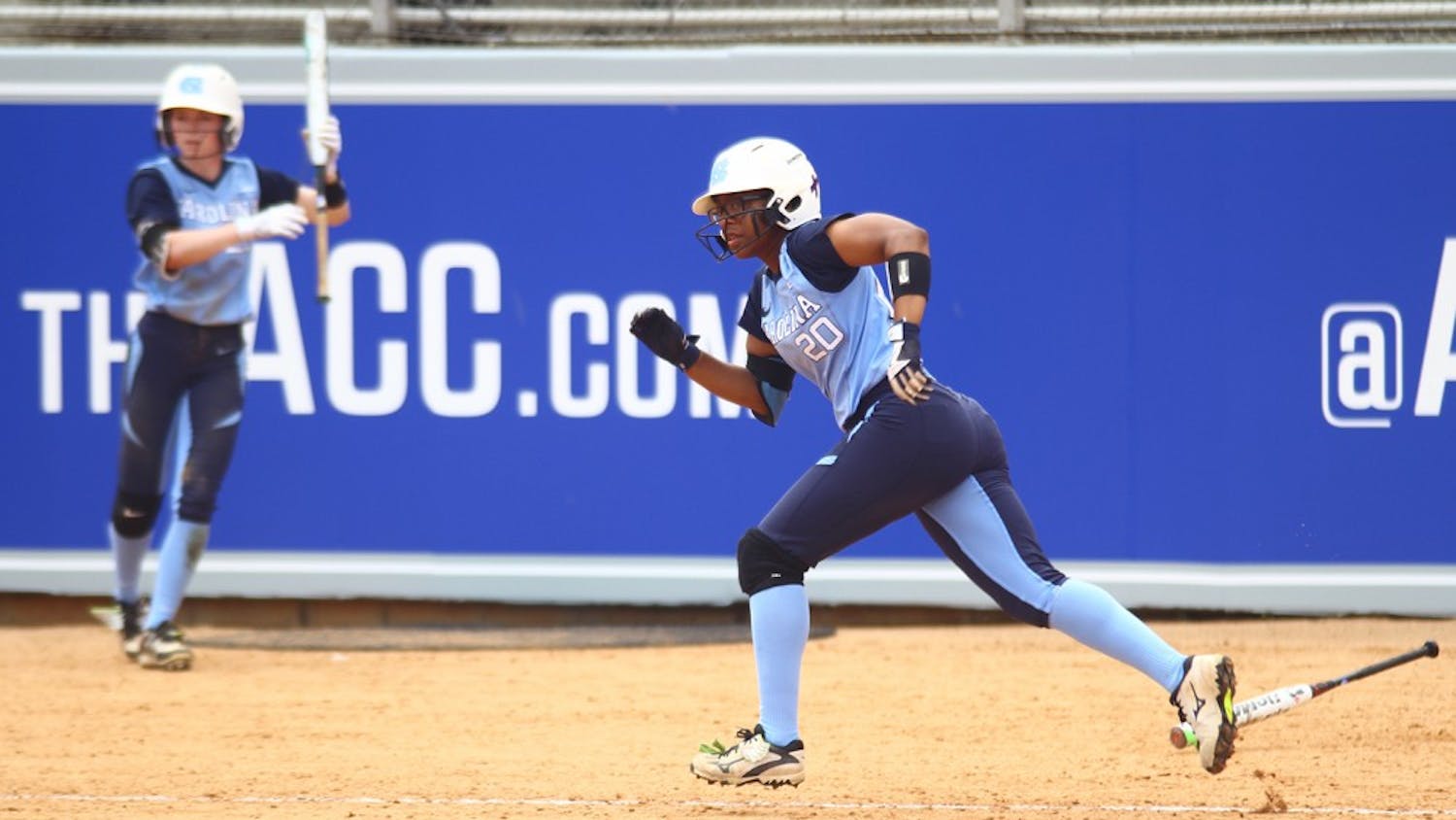 Senior Aquilla Mateen runs to first base in the ACC Softball Tournament held in Raleigh on Thursday 