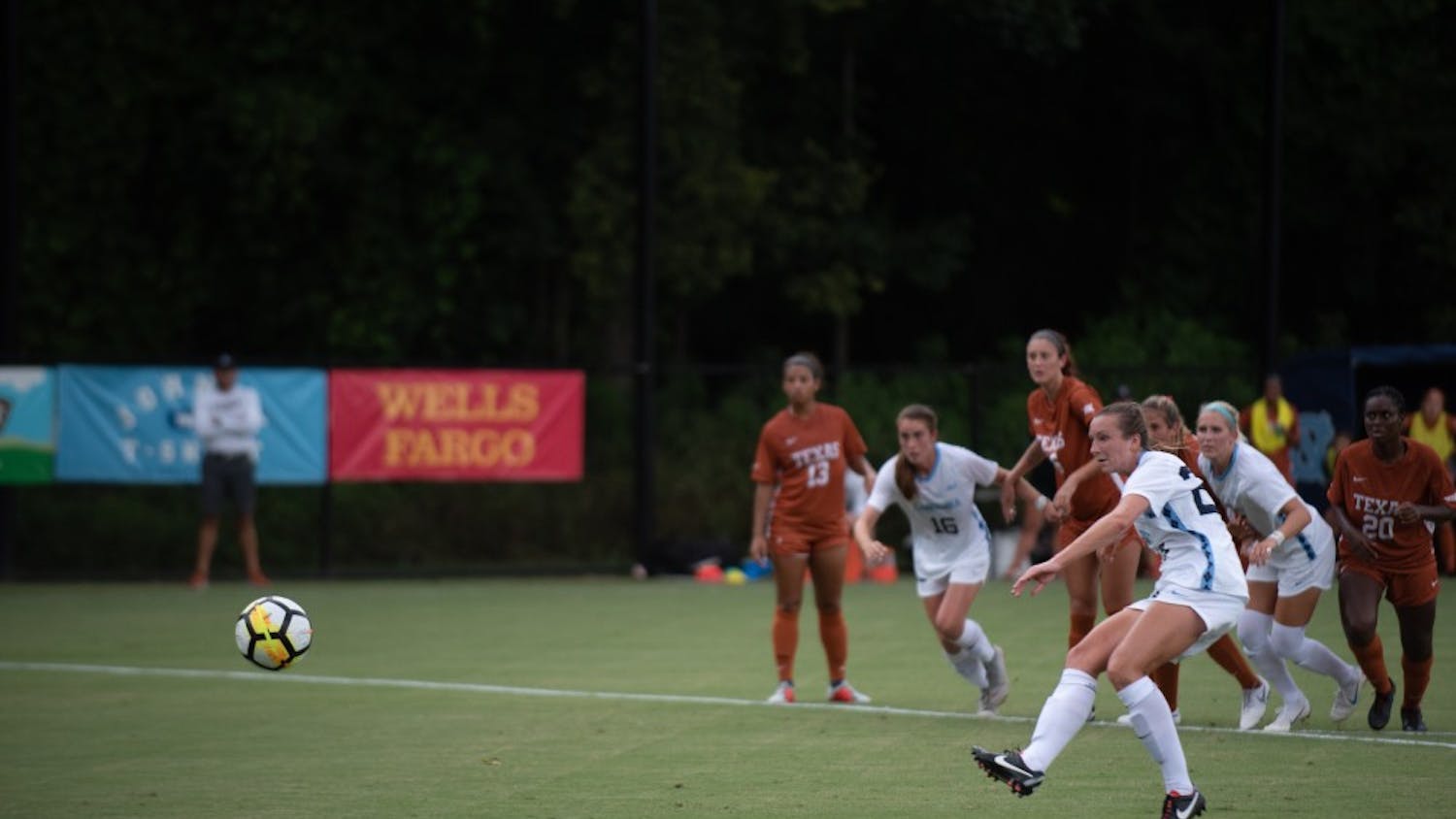UNC senior midfielder Dorian Bailey (29) shoots a penalty kick against No. 21 Texas in the first half of the team's 1-1 tie on Aug. 22 at Finley Field South.