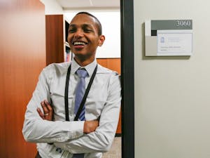 Issack Boru, radiology imaging supervisor and clinical instructor for the Division of Radiologic Science, poses in the door to his office in Bondurant Hall, home to the UNC School of Medicine, Tuesday, Feb. 19, 2019. Boru traveled with RAD-AID international in 2018 to partner with and teach radiologists at Tikur Anbessa Specialized Hospital (TASH) in Addis Ababa, Ethiopia.