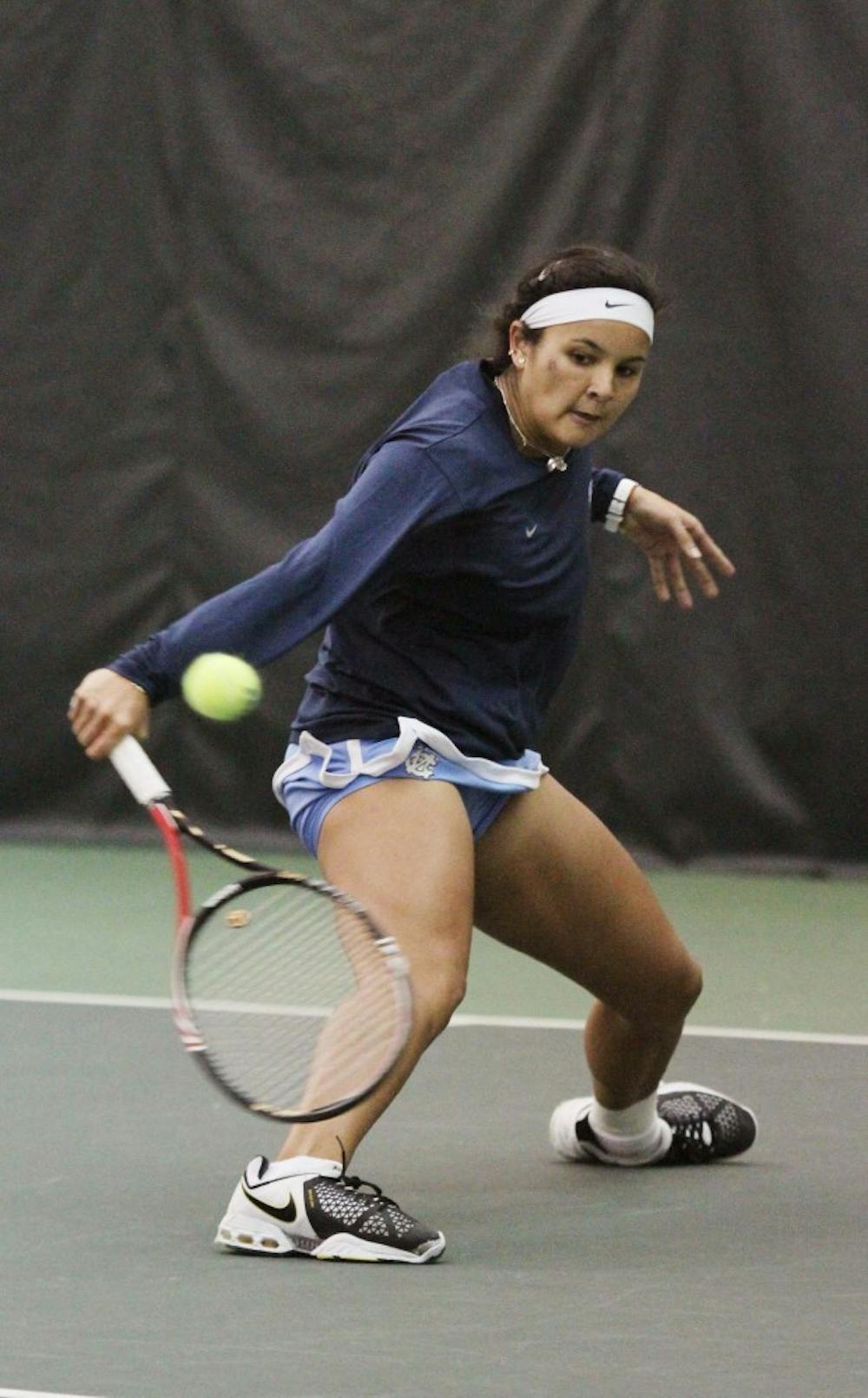 	Gina Suarez-Malaguti competes in the ITA Weekend Kick-Off tournament. She helped win the final doubles match for UNC.