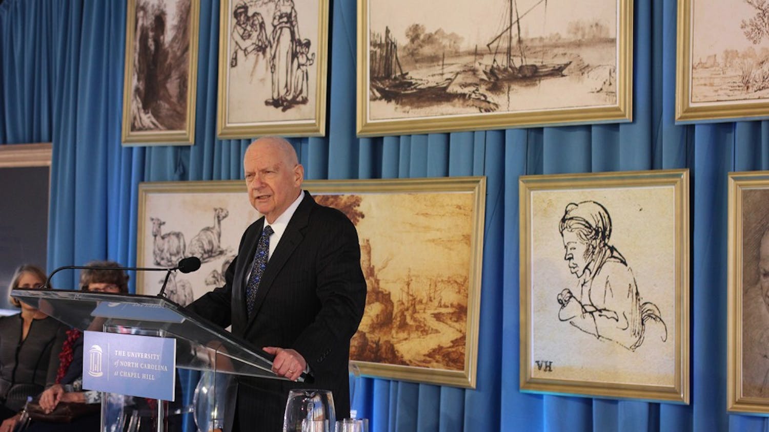 Sheldon Peck speaks at the donation announcement of various pieces of artwork to the Ackland Art Museum. Peck and his wife were the donors of the the collection, valued at $25 million and containing some of Rembrandt's most famous pieces.
