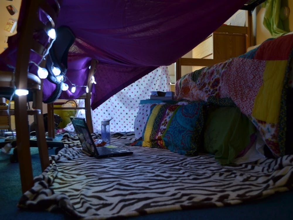 	Katie&#8217;s finished sheet fort in her Ruffin dorm room.