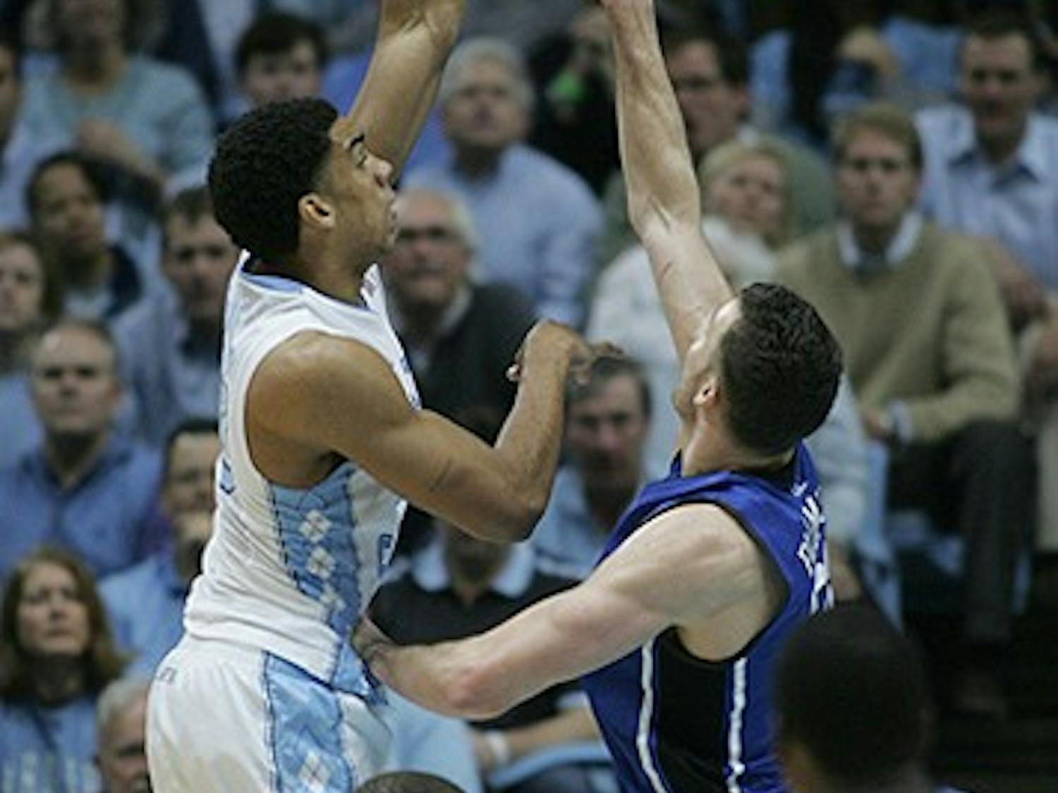 The North Carolina Tar Heels lead the Duke Blue Devils 43-40 at the half during the game at the Dean E. Smith Center on Wednesday, Feb. 8, 2012. 
