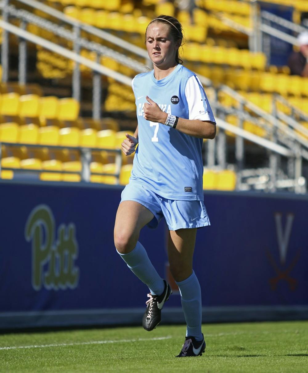 UNC midfielder Annie Kingman (7) warms up before the rest of the women’s soccer team takes the field. Kingman had a strong game in the ACC semi-finals on Friday, with one goal and one assist.
