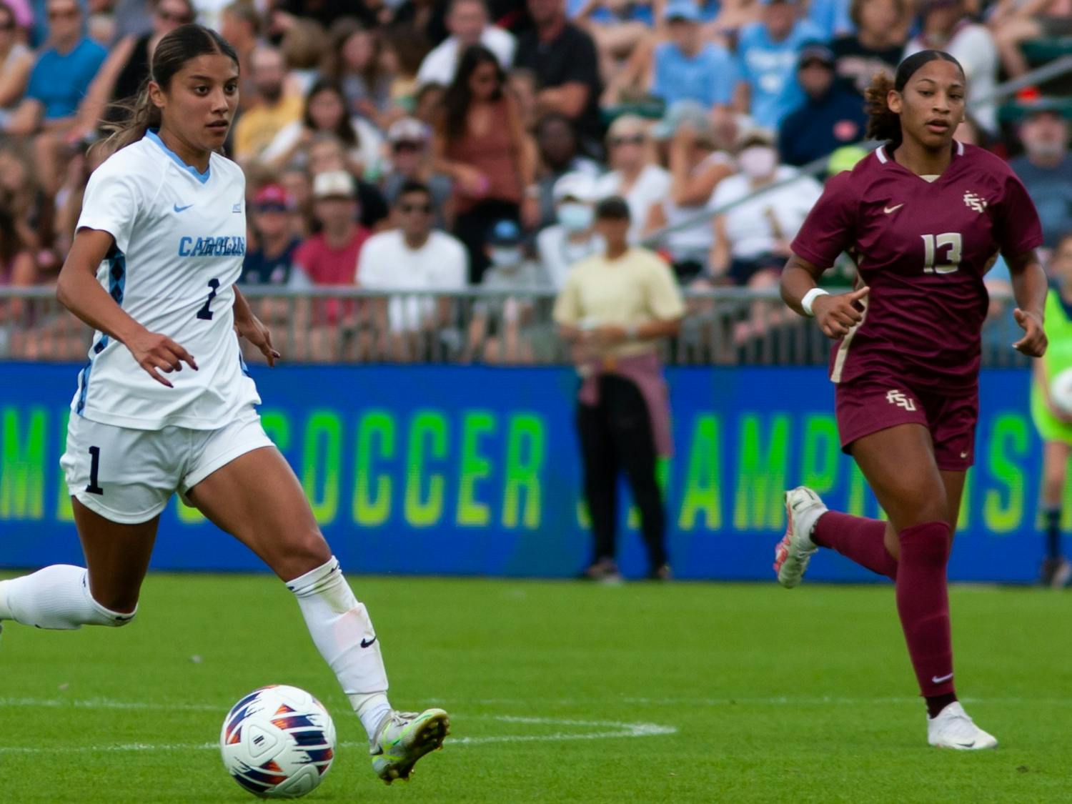 UNC junior forward Sam Meza (1) dribbles the ball during the women's soccer 1-2 loss in the ACC Finals against FSU at WakeMed Soccer Park on Sunday, Nov. 6, 2022.