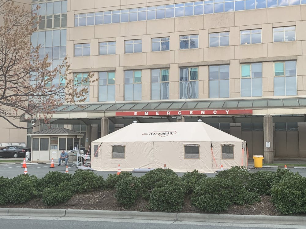 <p>Tents located outside of the emergency wing of UNC Hospitals in Chapel Hill on Thursday, March 19, 2020.&nbsp;</p>