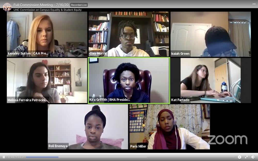 <p>Screenshot from the virtually held Commission on Campus Equality and Student Equity meeting regarding UNC's fall reopening on Thursday, July 16, 2020.</p>