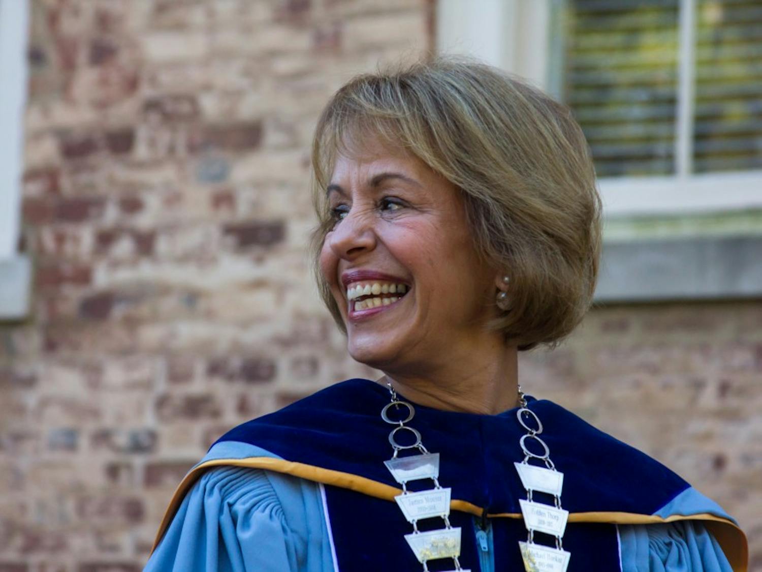 Chancellor Carol Folt smiles as she walks in the University Day procession from South Building to Memorial Hall on October 11, 2016.