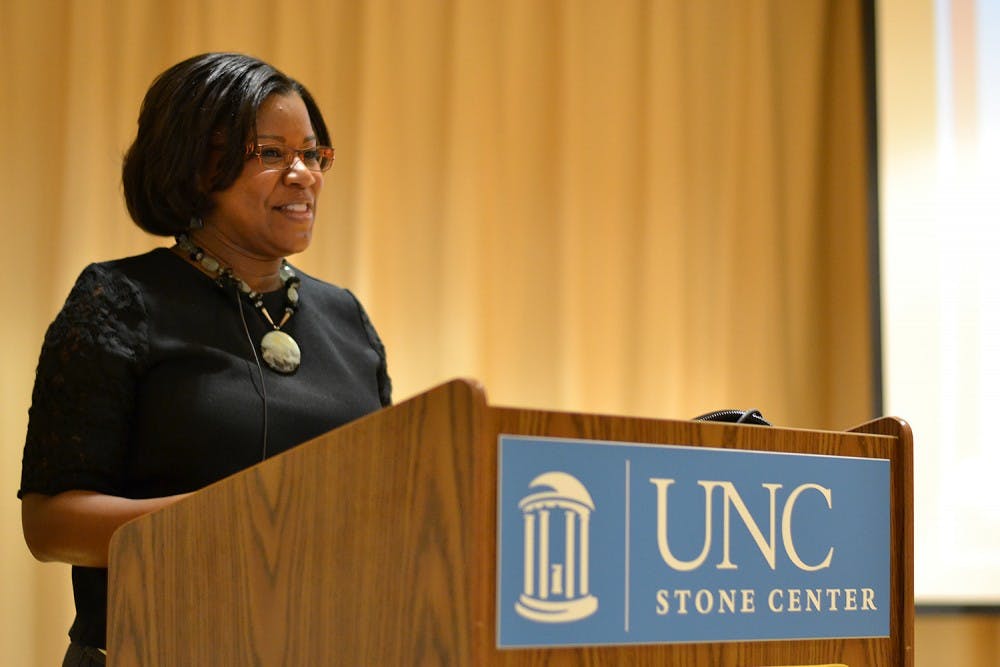 Shamecca Bryant, executive director of the Orange County Rape Crisis Center, explained her platform at the Women's Center director open forum at the Hitchcock Room in the Stone Center Thursday. Bryant emphasized the disparity between women's and men's pay rates, importance of the women and gender studies department, and more. 
