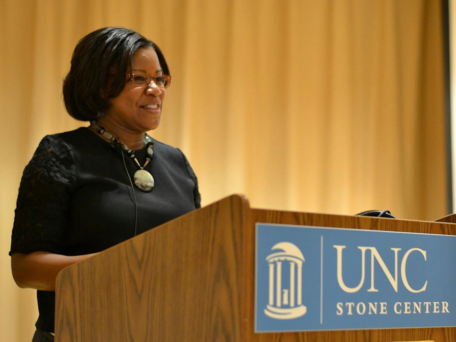 Shamecca Bryant, executive director of the Orange County Rape Crisis Center, explained her platform at the Women's Center director open forum at the Hitchcock Room in the Stone Center Thursday. Bryant emphasized the disparity between women's and men's pay rates, importance of the women and gender studies department, and more. 