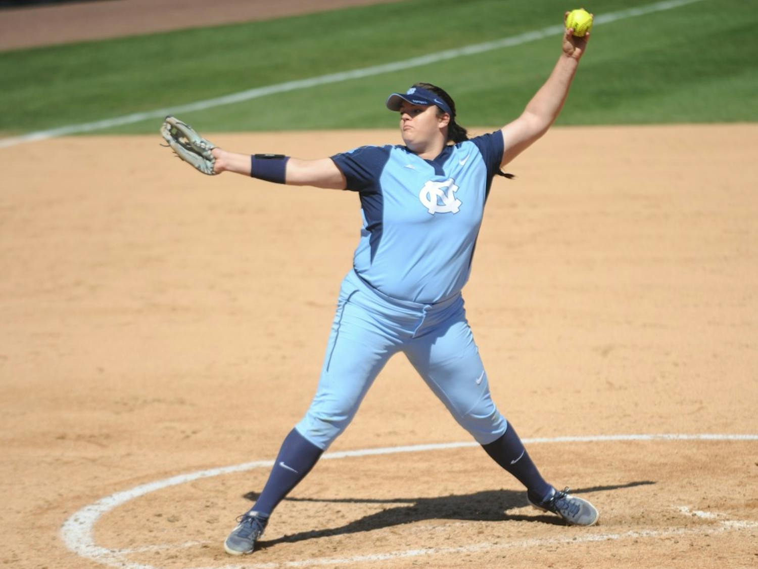 Brittany Pickett (28) pitches during UNC's Softball game vs. Georgia Tech on Sunday, Mar. 24. UNC lost the game 3-2.