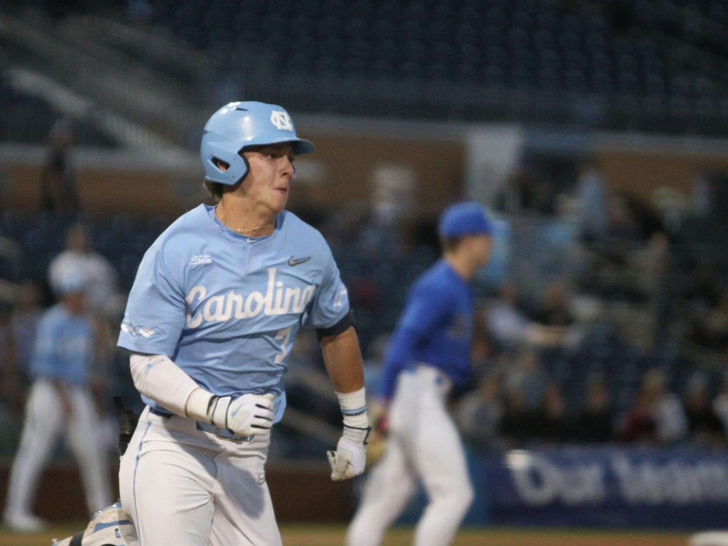 Infielder Vance Honeycutt (7) gets the first hit of the game for the Heels. The Heels lost to Duke 3-9 away on Saturday, March 19, 2022.