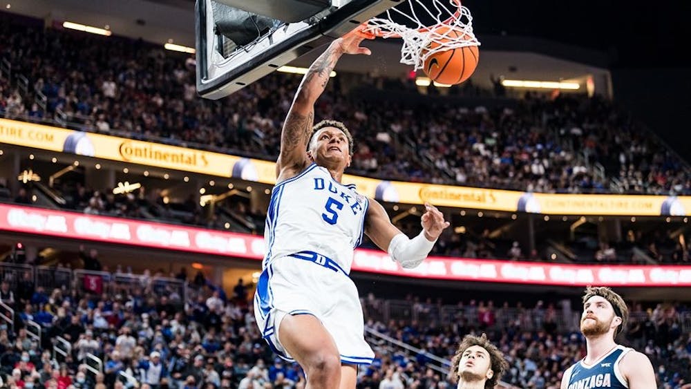 <p>Duke first-year forward Paolo Banchero (5) shoots a basket at the game against Gonzaga on Nov. 26, 2021, at the T-Mobile Arena in Paradise, Nev. Photo courtesy of Duke Athletics.</p>