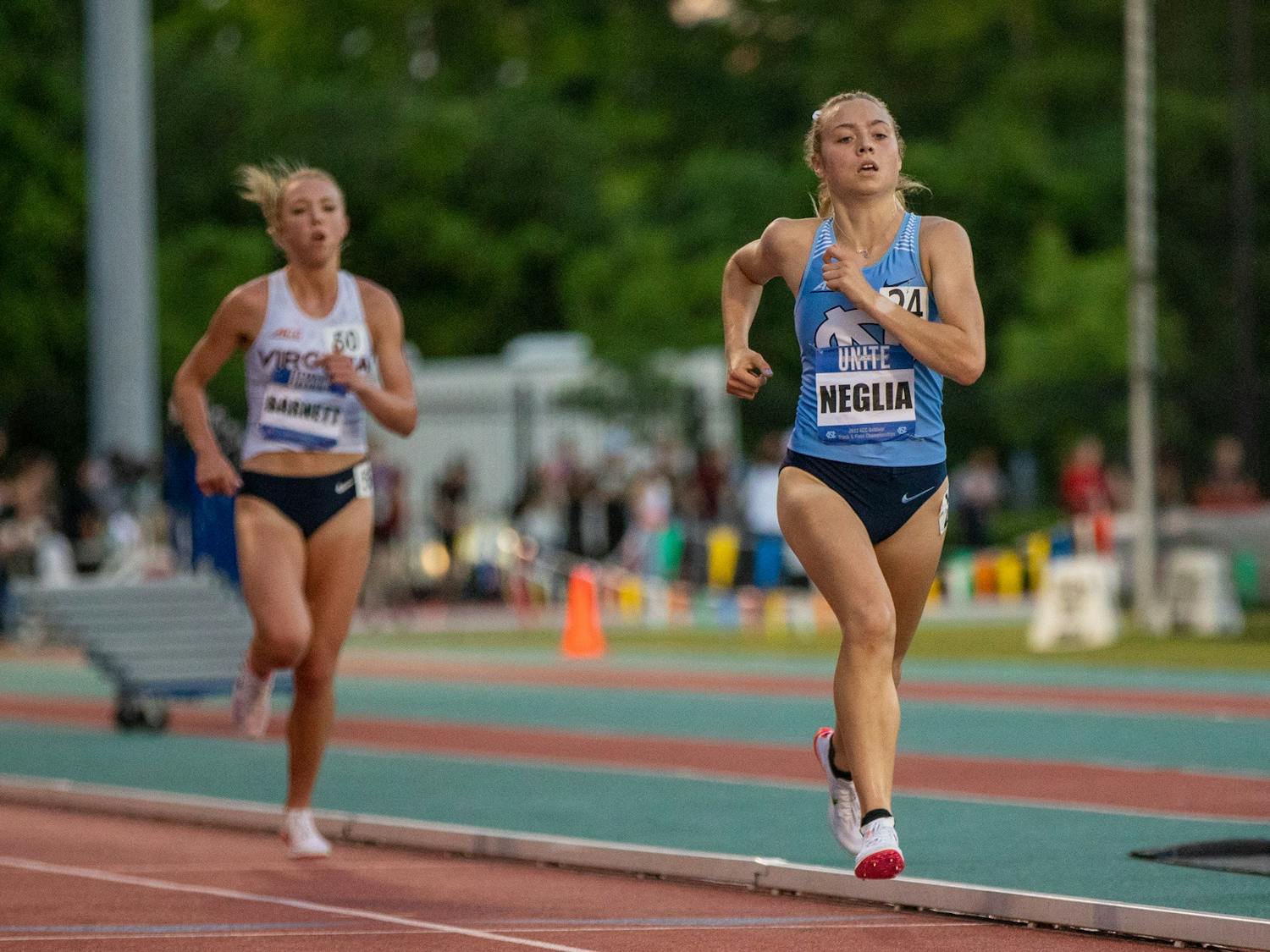 Sophomore Sasha Neglia crosses the finish line of the 5000M ACC Championship Final at Morris Williams Track on Saturday, May 14, 2022. The UNC women's team finished sixth in the meet overall.