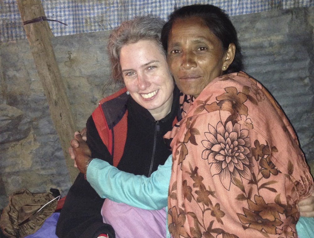 (Left) Professor Lauren Leve and a friend on her most recent trip to Nepal. Photo courtesy of Dr. Leve. 