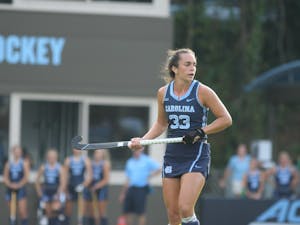 Senior forward Marissa Creatore (33) during the field hockey game at UNC on Friday, Oct. 4, 2019. UNC beat Duke 2-0, marking their 33rd consecutive victory.&nbsp;