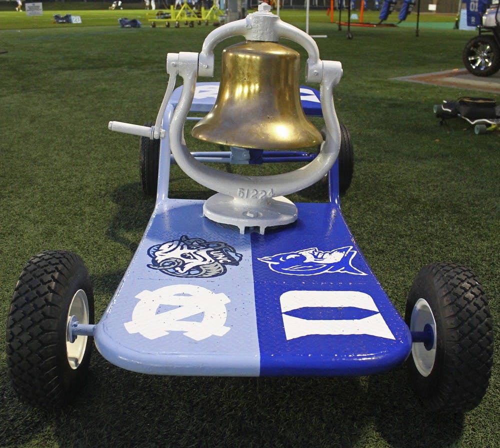 <p>UNC and Duke decided to change the color scheme of the victory bell platform, and say no to post game spray-painting.</p>