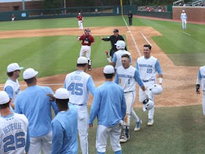 First-year Danny Serretti (1) celebrates a home run during the Tar Heels' third baseball game against Boston College on Easter weekend, 2019.