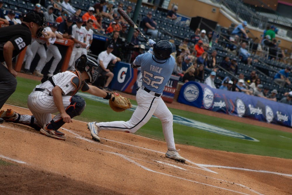 <p>Junior catcher Tomas Frick swings at a pitch against Virginia Cavaliers on Thursday, May 25, 2023. UNC won 10-2.</p>
