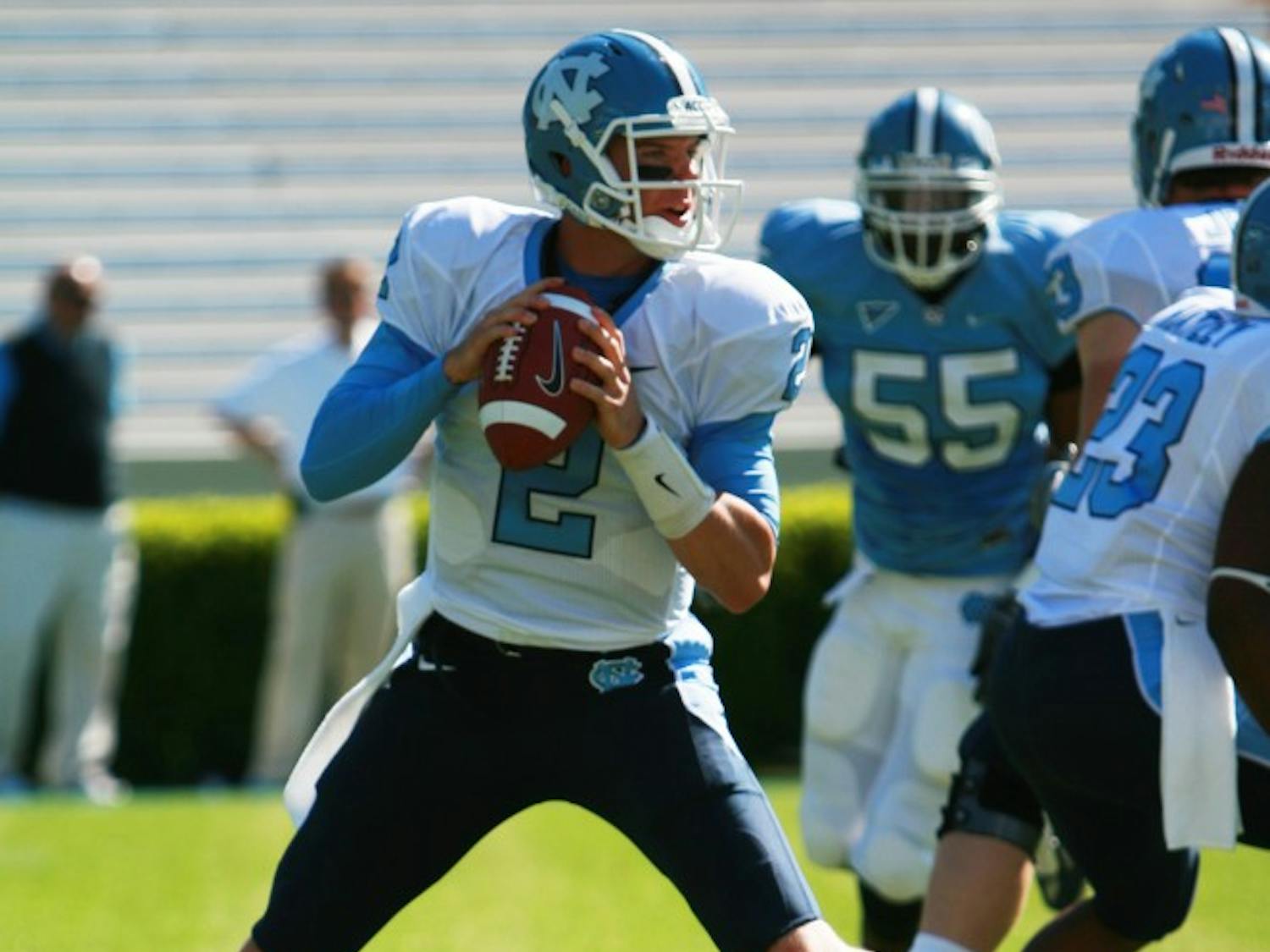 Redshirt freshman quarterback Bryn Renner went 15-of-21 for 184 yards and one touchdown at UNC’s Spring Game.  DTH/ BJ Dworak
