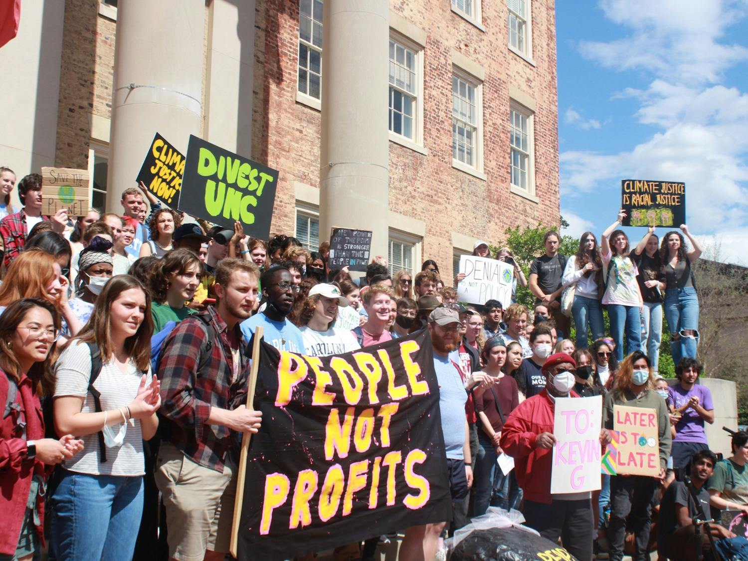 Students gather in front of South Building for a climate strike on Friday, March 25, 2022.