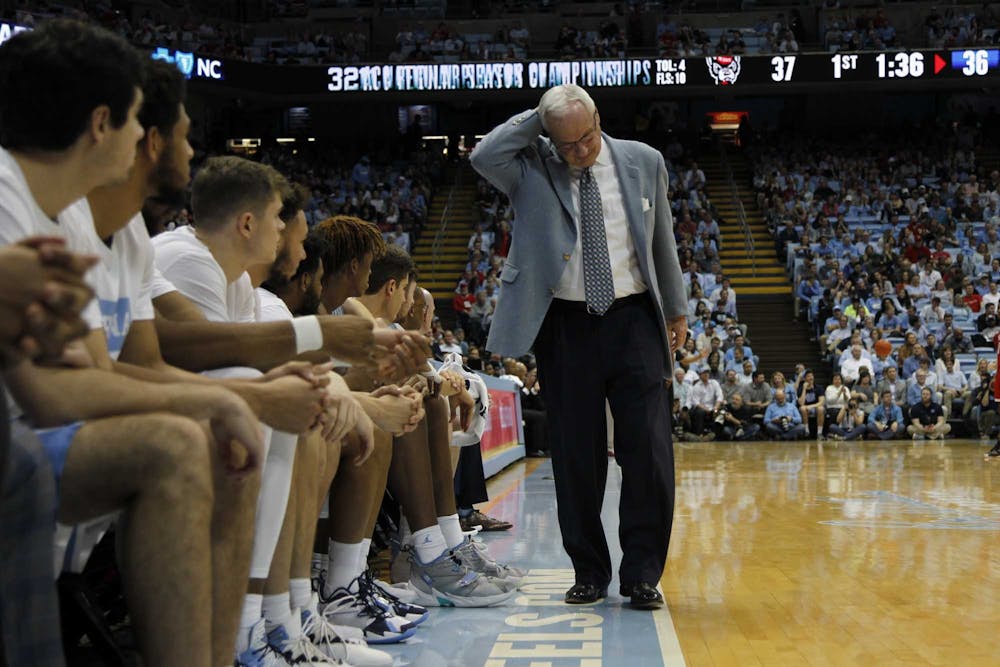 Head Coach Roy Williams reacts to the game against N.C. State in the Smith Center on Tuesday, Feb. 25, 2020. UNC beat N.C. State 85-79.3