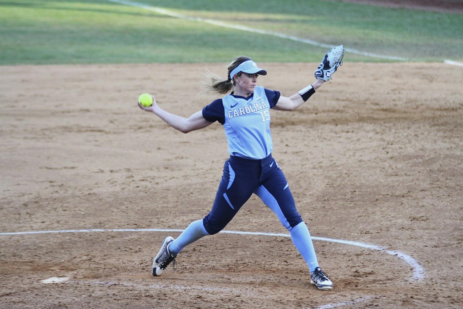 Kendra Lynch throws a pitch during North Carolina’s 8-0 shutout against Georgetown on Feb. 28.