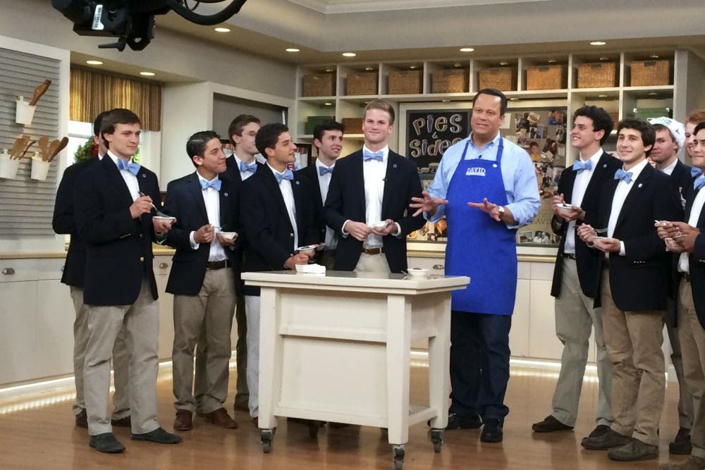 UNC’s Clef Hangers perform on the set of QVC’s “In the Kitchen with David,” hosted by former Clef Hanger David Venable. Courtesy of Channing Mitzell. 