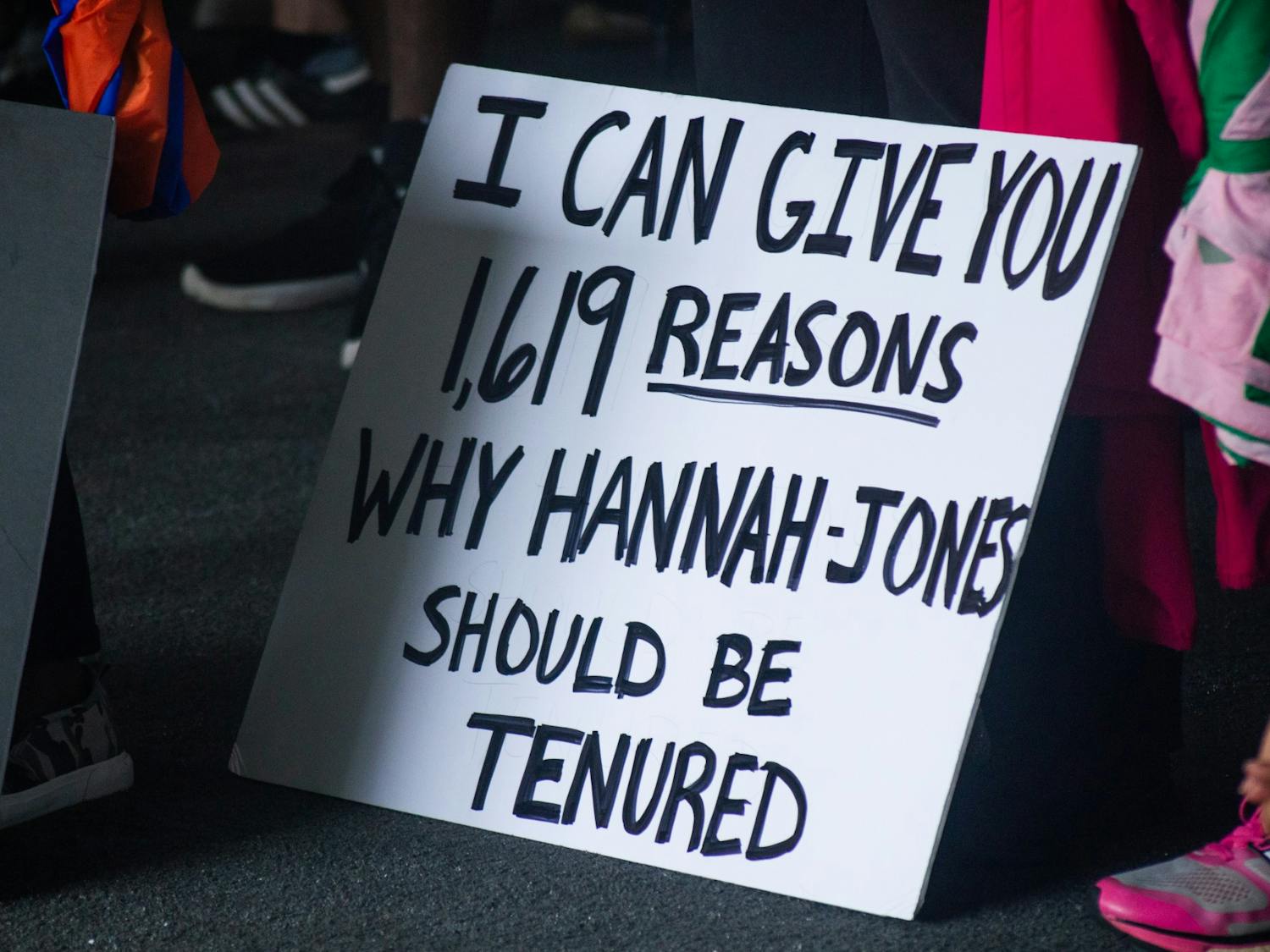 A sign sits at the demonstration in support of Nikole Hannah-Jones organized by the UNC Black Student Movement on June 25, 2021 at Polk Place.