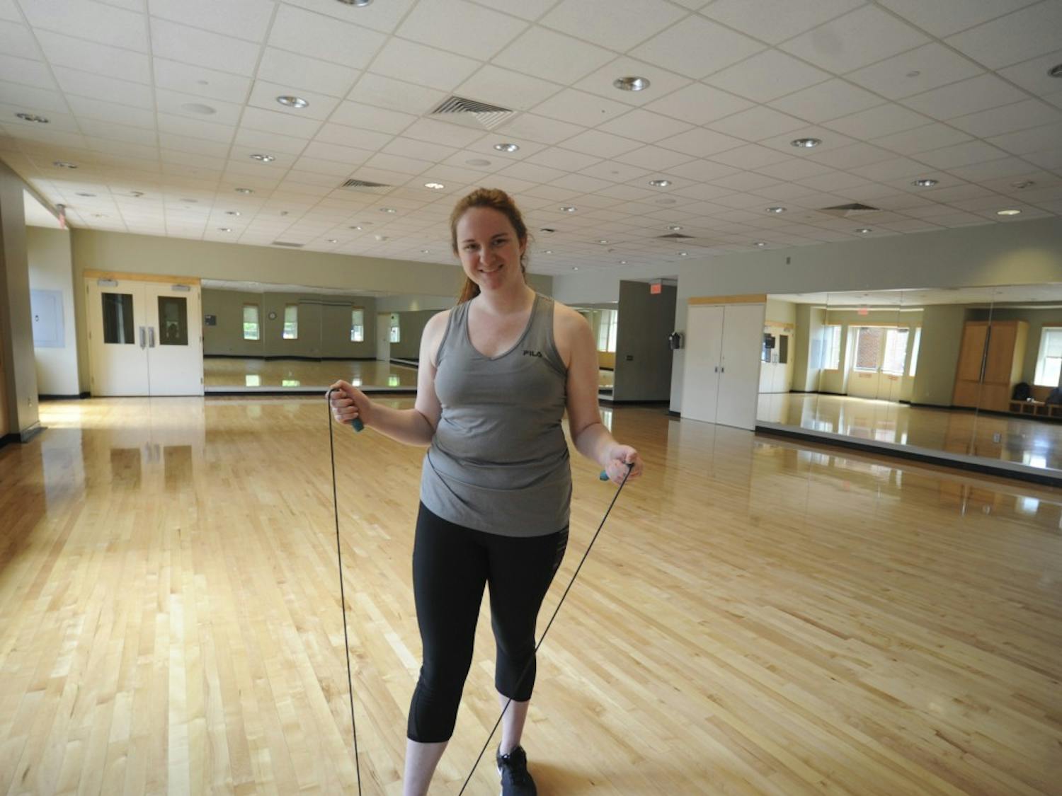 First-year music major Lauren Ragsdale likes to use the on-campus gyms to jump rope as a way to stay active. She is pictured preparing to start a jump-rope based workout routine in a studio room in Ram's Head Gym at the University of North Carolina at Chapel Hill on Wednesday April, 24, 2019.