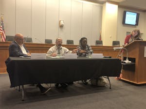 (From left) Ted Shaw, Mark Dorosin and Stephanie Perry-Terry speak at a panel.The Orange County Human Rights Commission held a panel on Monday, Oct. 28, 2019 at the Whitted Building in Hillsborough.&nbsp;